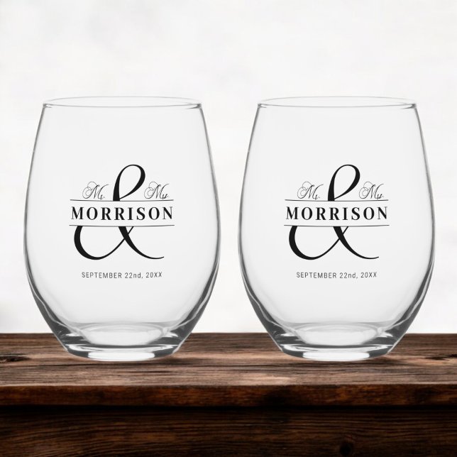 Wedding Favor Mr Mrs Black White Stemless Wine Glass (Creator Uploaded)