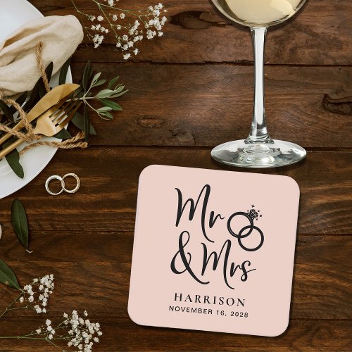 Wedding Favor Mr Mrs Blush Square Paper Coaster
