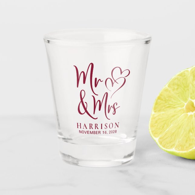 Wedding Favor Mr Mrs Burgundy Shot Glass (Front)