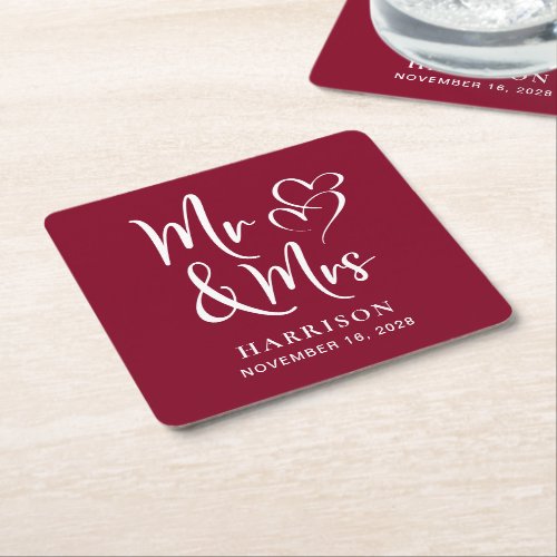 Wedding Favor Mr Mrs Burgundy Square Paper Coaster