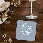 Wedding Favor Mr Mrs Dusty Blue Square Paper Coaster<br><div class="desc">Decorate your wedding reception tables and give your wedding guests a fun souvenir keepsake of your special day with these custom dusty blue coasters with "Mr & Mrs" written in a large white script and an illustration of two wedding rings joined together. Add your name and wedding date.</div>