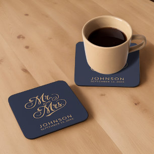 Wedding Favor Mr & Mrs Elegant Script Name Modern Square Paper Coaster