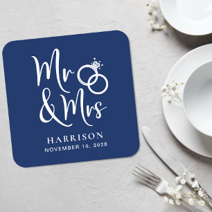 Wedding Favor Mr Mrs Navy Blue Square Paper Coaster