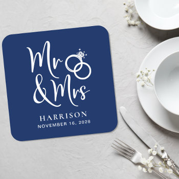 Wedding Favor Mr Mrs Navy Blue Square Paper Coaster by JulieHortonDesigns at Zazzle