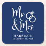 Wedding Favor Mr Mrs Navy Blue Square Paper Coaster<br><div class="desc">Decorate your wedding reception tables and give your wedding guests a fun souvenir keepsake of your special day with these custom dark navy blue coasters with "Mr & Mrs" written in a large white script and an illustration of two wedding rings joined together. Add your name and wedding date.</div>
