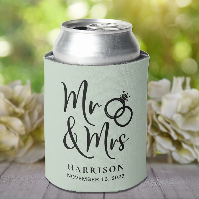 Wedding Favor Mr Mrs Sage Green Can Cooler (Creator Uploaded)
