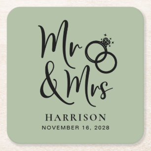 Wedding Favor Mr Mrs Sage Green Square Paper Coaster