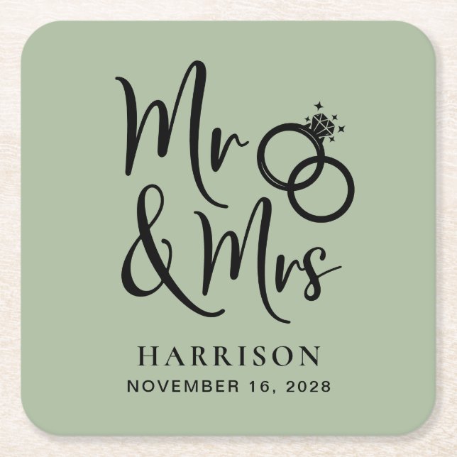Wedding Favor Mr Mrs Sage Green Square Paper Coaster (Front)