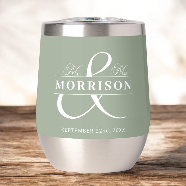 Wedding Favor Mr Mrs Sage Green Thermal Wine Tumbler (Creator Uploaded)