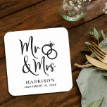 Wedding Favor Mr Mrs Square Paper Coaster<br><div class="desc">Decorate your wedding reception tables and give your wedding guests a fun souvenir keepsake of your special day with these custom coasters with  "Mr & Mrs" written in a large script and an illustration of two wedding rings joined together. Add your name and wedding date.</div>