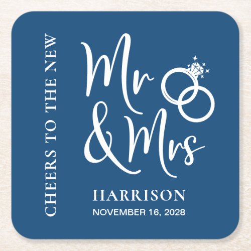 Wedding Favor New Mr Mrs Blue Square Paper Coaster