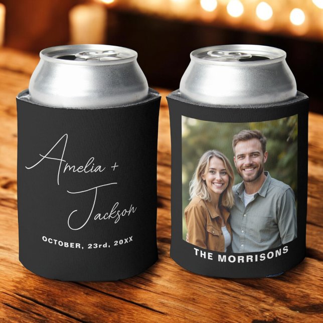 Wedding Favor Photo Black White Modern Minimalist  Can Cooler (Creator Uploaded)