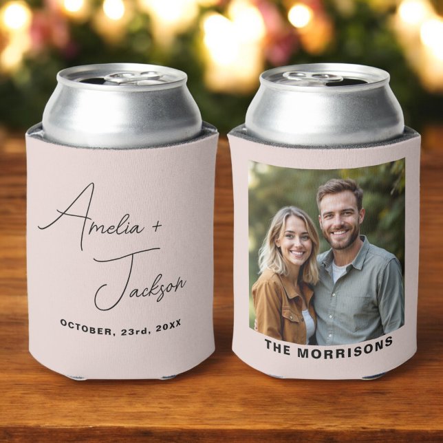 Wedding Favor Photo Blush Pink Modern Minimalist  Can Cooler (Creator Uploaded)