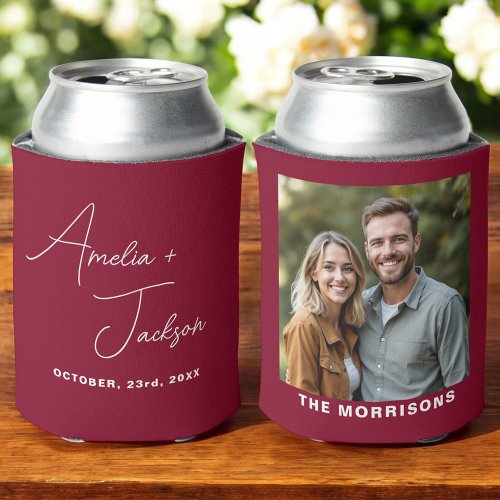 Wedding Favor Photo Burgundy Modern Can Cooler