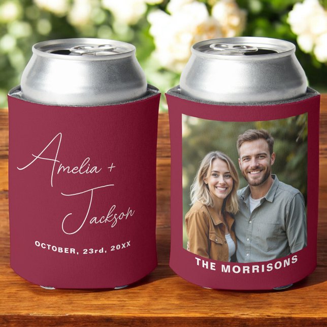 Wedding Favor Photo Burgundy Modern Can Cooler (Creator Uploaded)