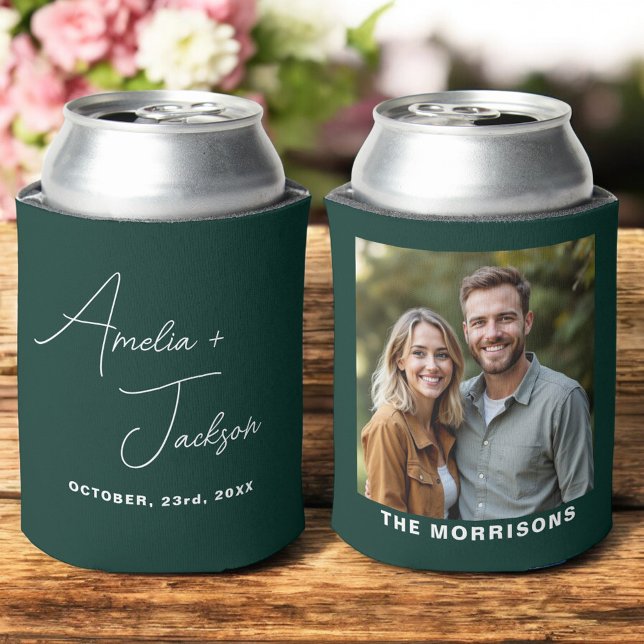 Wedding Favor Photo Forest Green Modern Can Cooler (Creator Uploaded)