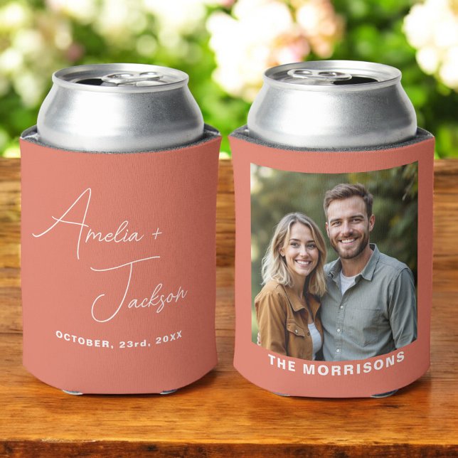 Wedding Favor Photo Terracotta Modern Minimalist  Can Cooler (Creator Uploaded)