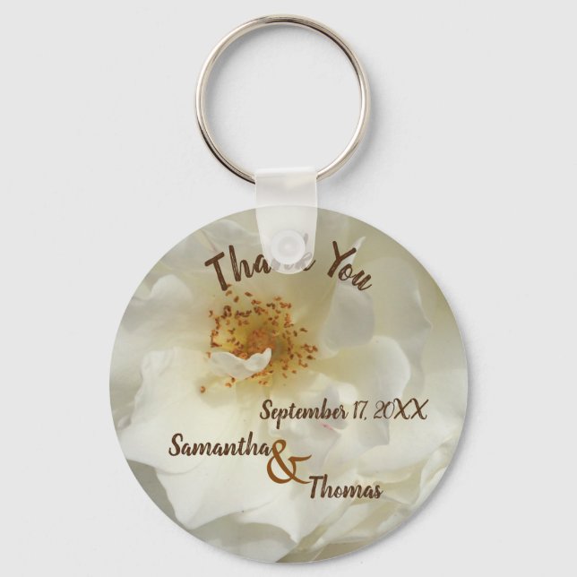 Wedding Favor Pretty White Rose Photo Floral Guest Keychain (Front)