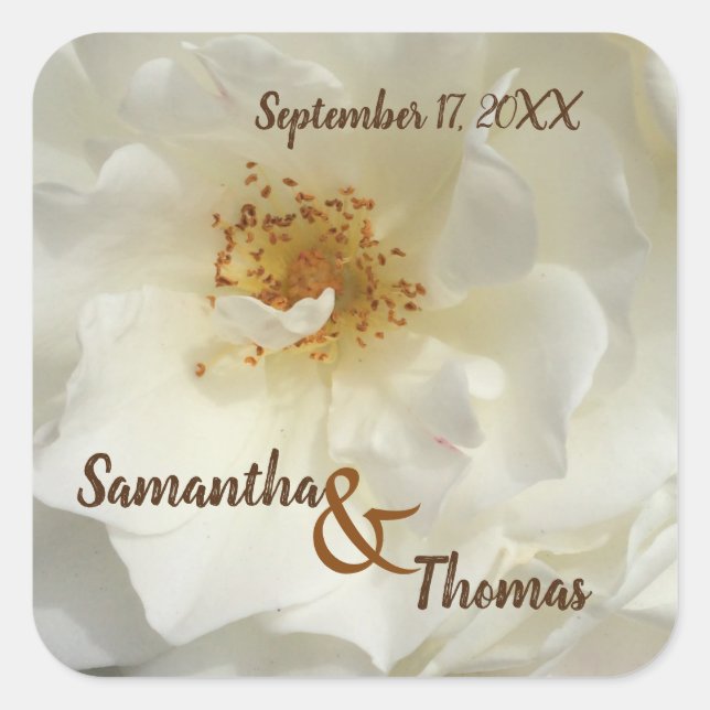 Wedding Favor Pretty White Rose Photo Floral Guest Square Sticker (Front)
