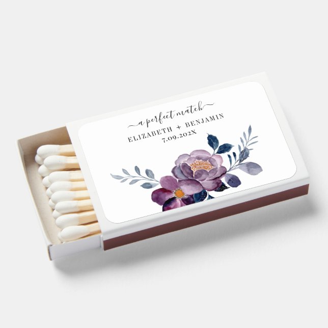 Wedding Favor Purple Floral Botanical Custom Matchboxes (Front Open)