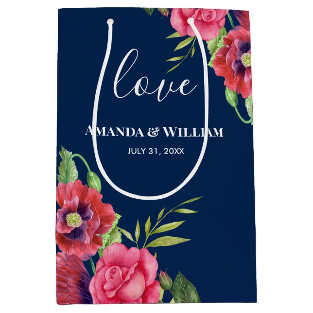 Wedding Favor Red and Pink Flowers Dark Navy Medium Gift Bag (Front)