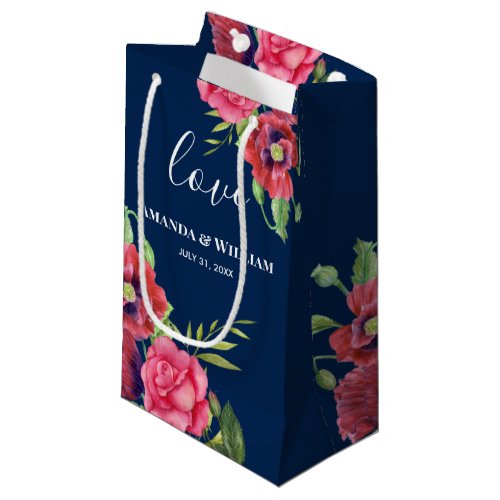 Wedding Favor Red and Pink Flowers Dark Navy Small Gift Bag