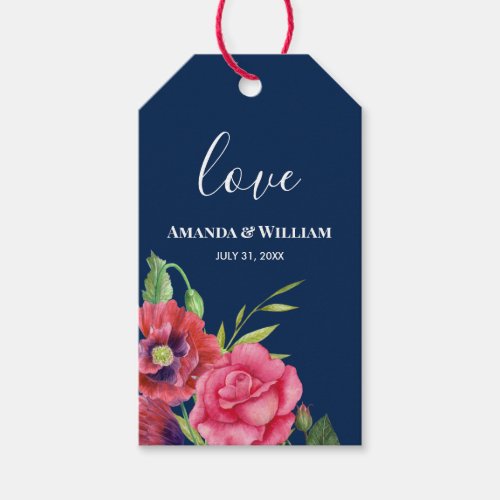 Wedding Favor Red and Pink Flowers Dark Navy Wine Gift Tags