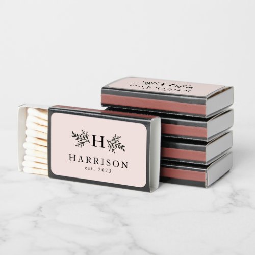 Wedding favor rustic monogram initial blush pink matchboxes