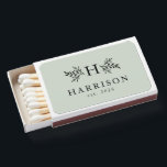 Wedding favor rustic monogram sage green matchboxes<br><div class="desc">With branches surrounding your initial, this matchbox makes a great wedding favor or holiday party handout. It's classic with a bit of a rustic twist. The text and branches are classic black on a stylish sage green background, but the color can be changed by clicking "customize." Add your last name...</div>