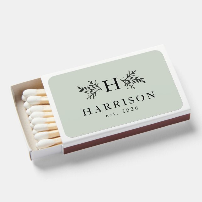 Wedding favor rustic monogram sage green matchboxes (Front Open)