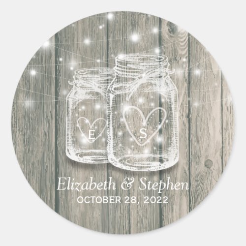 Wedding Favor Rustic Wood Mason Jars String Lights Classic Round Sticker