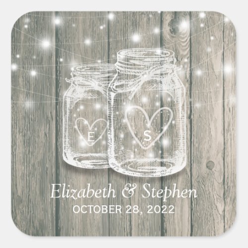 Wedding Favor Rustic Wood Mason Jars String Lights Square Sticker