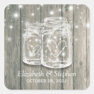 Wedding Favor Rustic Wood Mason Jars String Lights Square Sticker