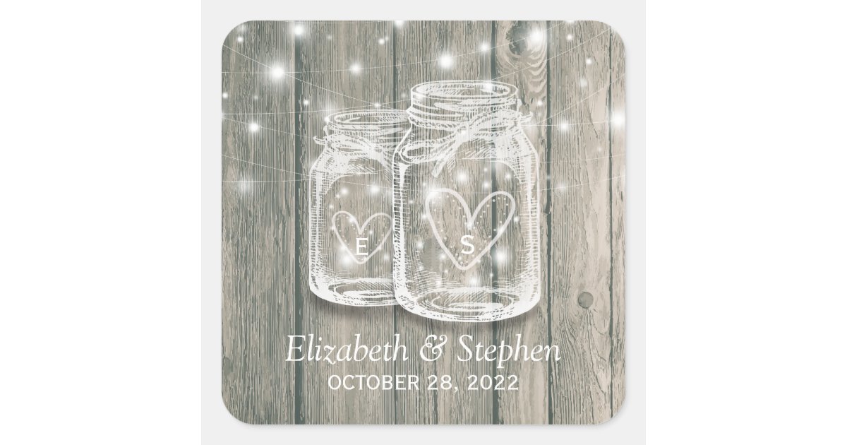 Wedding Favor Rustic Wood Mason Jars String Lights Square Sticker | Zazzle