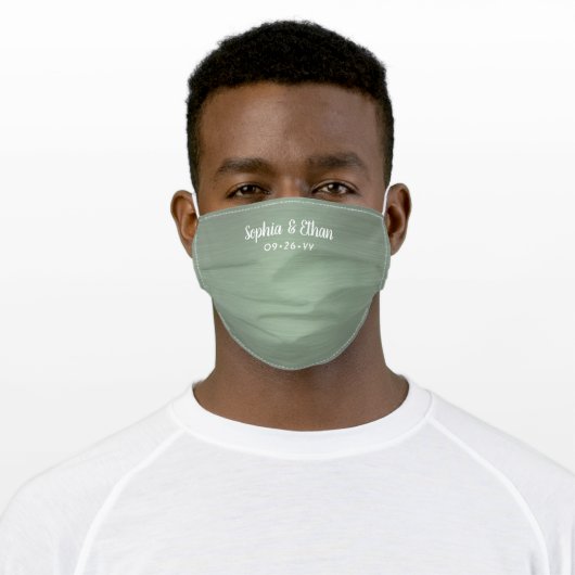 Wedding Favor Sage Green Heathered Pattern & Names Adult Cloth Face Mask (Worn)