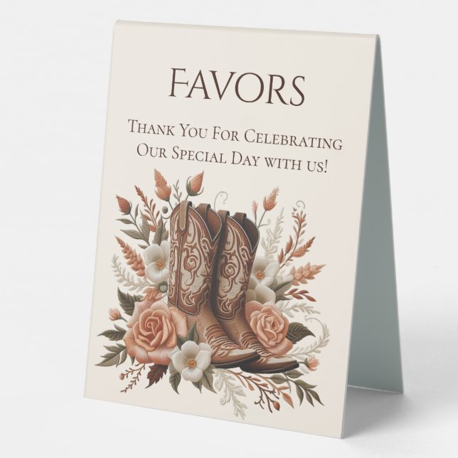 Wedding Favor Sign-Cowboy Boots and Flowers Table Tent (Back)
