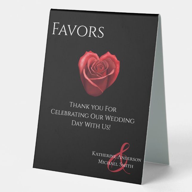 Wedding Favor Sign-Heart Shaped Red Rose- Table Tent (Front)