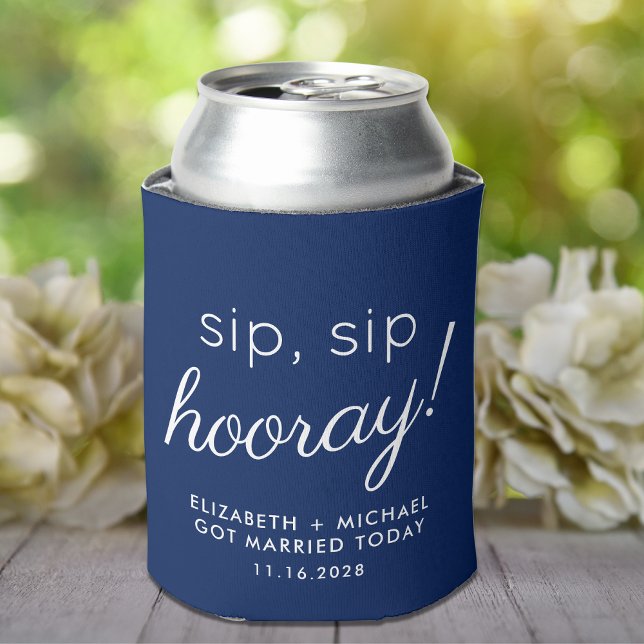 Wedding Favor Sip Sip Hooray Navy Blue Can Cooler (Creator Uploaded)