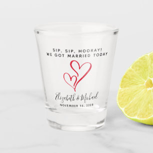 Wedding Favor Sip Sip Hooray Red Hearts Shot Glass