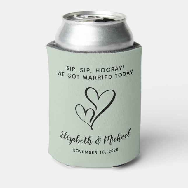 Wedding Favor Sip Sip Hooray Sage Green Can Cooler (Can Back)