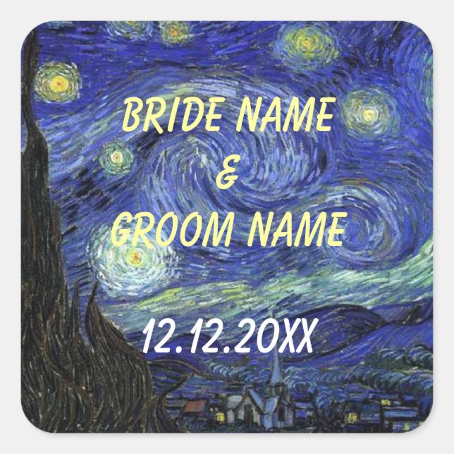 Wedding favor stickers.  Starry Night Square Sticker (Front)