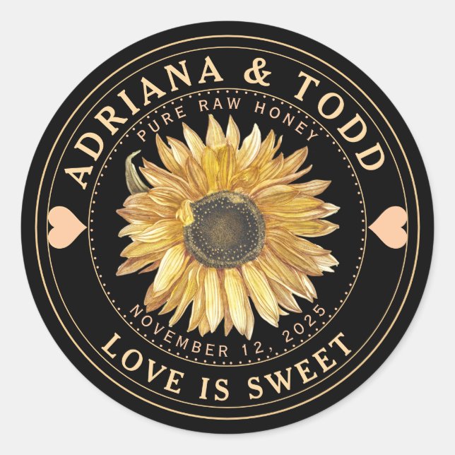 Wedding Favor Sunflower with Heart Honey Lid Label (Front)