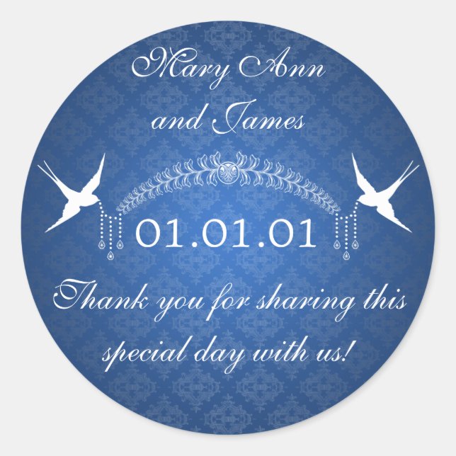 Wedding Favor Tag Birds & Diamonds Blue (Front)