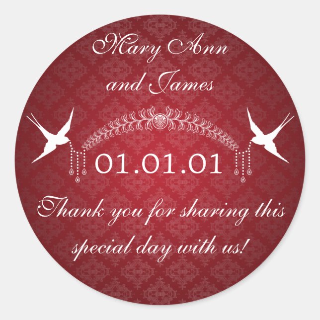 Wedding Favor Tag Birds & Diamonds Red (Front)