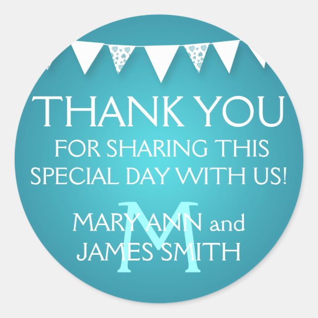 Wedding Favor Tag Love Bunting Monogram Turquoise (Front)