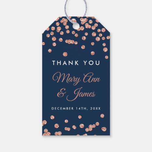 Wedding Favor Tag Rose Gold Glitter Confetti Navy