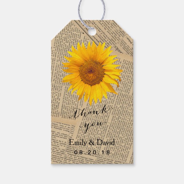 Wedding Favor Tag | Vintage Newspaper Sunflower (Front)