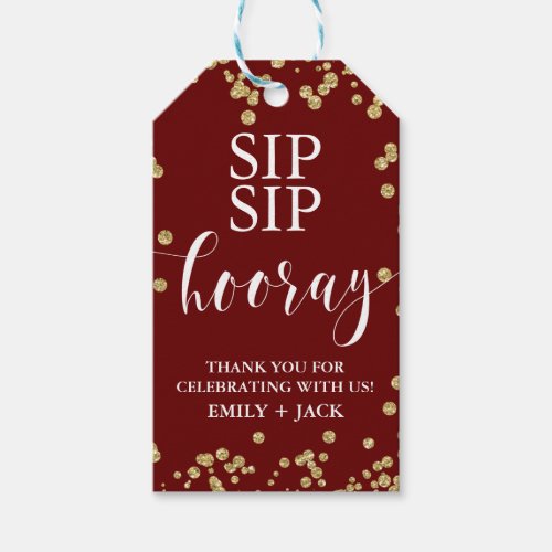 Wedding Favor Tags Sip Sip Hooray Burgundy  Gold Gift Tags