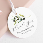 Wedding Favor Tags Watercolor Olive Branch<br><div class="desc">This stylish wedding favor tag features the words "Thank You" in trendy script typography. A sprig of watercolor olive branch adorns the top. Use the template fields to add your names and wedding date or custom text. To see more rustic wedding stationery visit www.zazzle.com/dotellabelle Watercolor art and design by Victoria...</div>