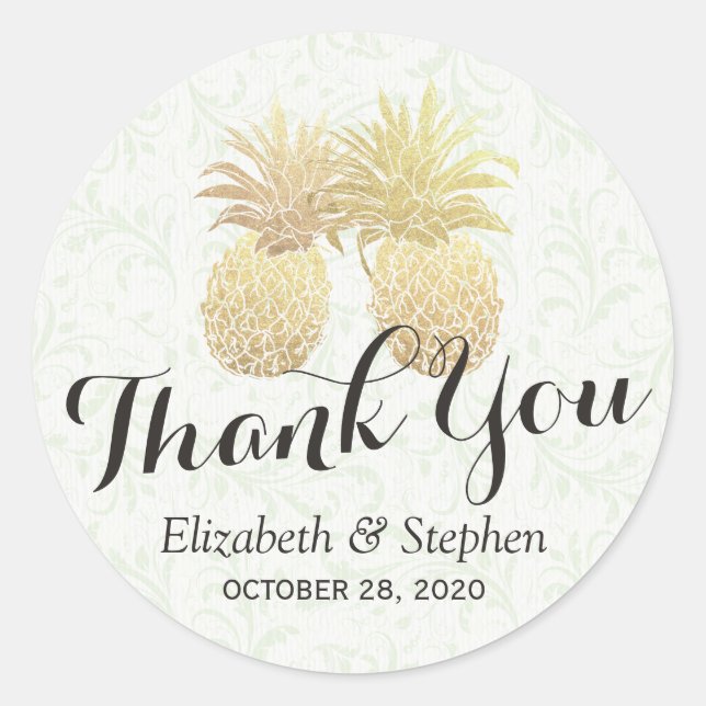 Wedding Favor Thank You Chic Gold Pineapple Couple Classic Round Sticker (Front)